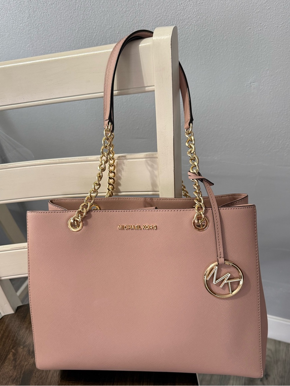 Michael Kors Blush Pink Saffiano Tote with Gold Chain